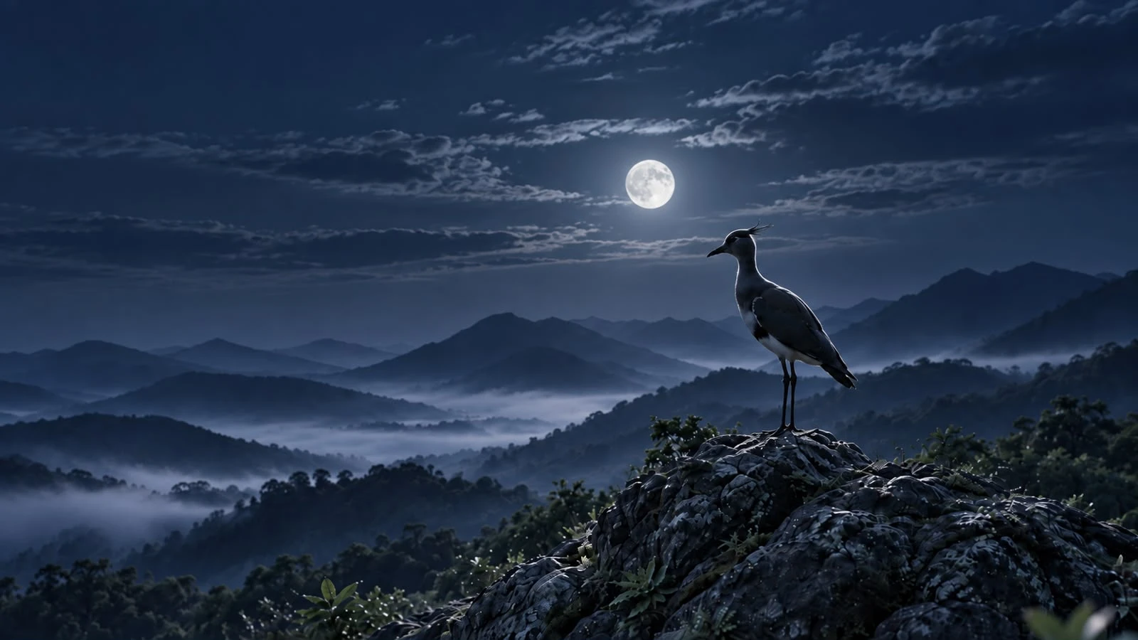 Un tero sobre una montaña con cordones serranos bajo la luna llena
